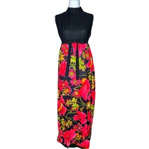 Vintage Sleeveless Black Pink 60s Flower Power Empire Waist Hostess Dress 9/10